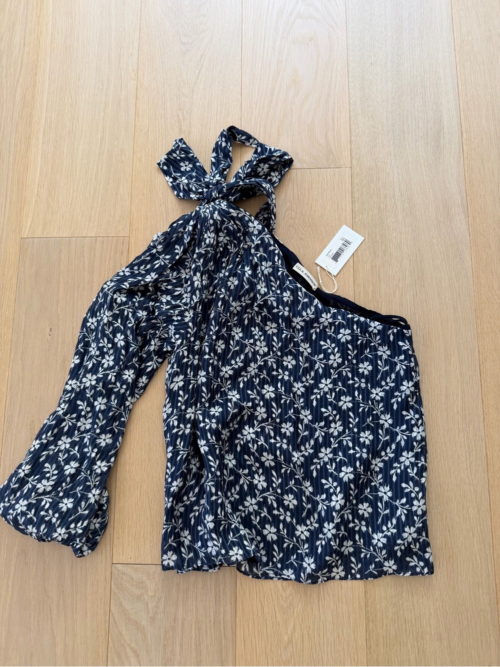 Ulla Johnson Navy and White One-Shoulder Floral Tie-Shoulder Blouse